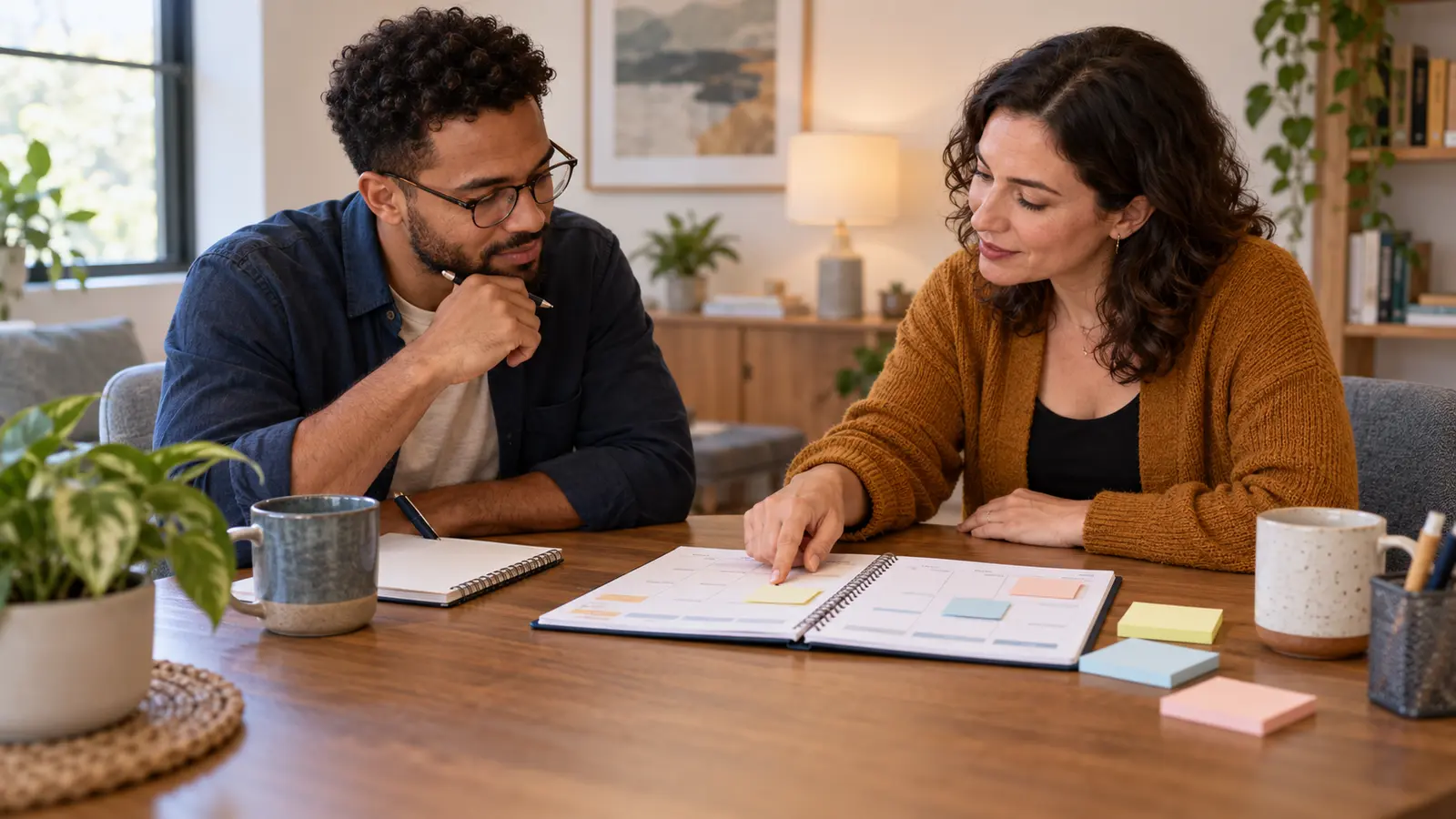 An adult and an ADHD coach review a paper planner and blank sticky notes together in a calm, sunlit office
