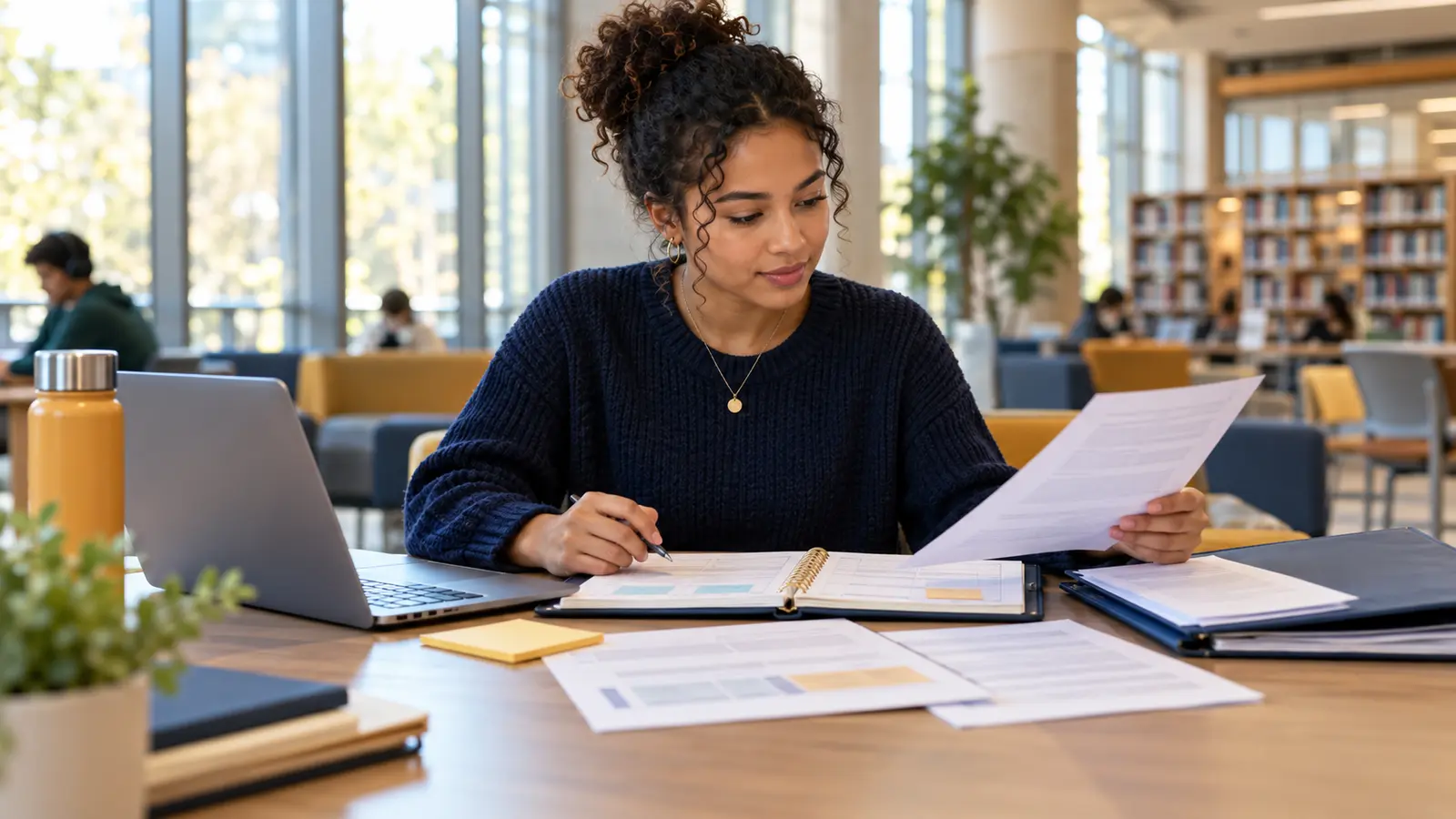 A college student reviews planning documents beside a laptop and organized folder in a bright university library