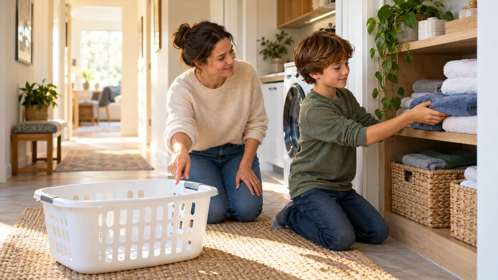 A child places the final folded towel on a shelf while a parent points to an empty laundry basket in a bright family home