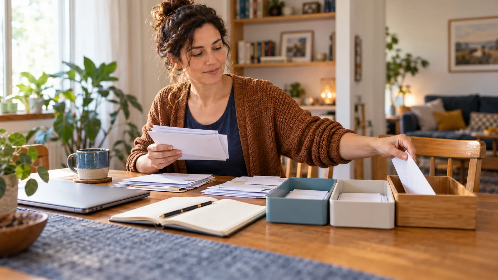 An adult calmly sorts household mail into simple action trays beside a planner at a warm, sunlit dining table