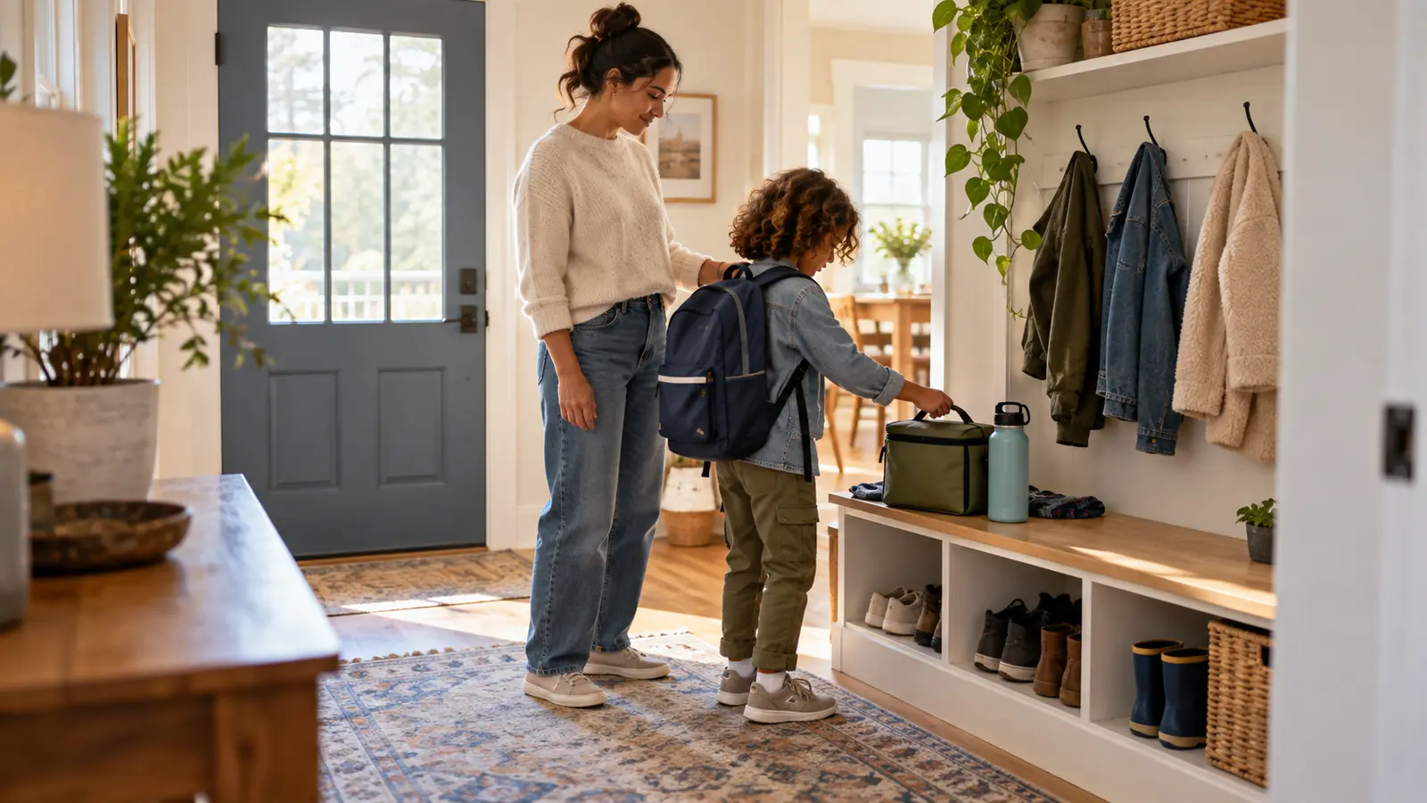 A parent calmly supports a child checking a staged backpack, lunch bag, water bottle, shoes, and jacket by the front door