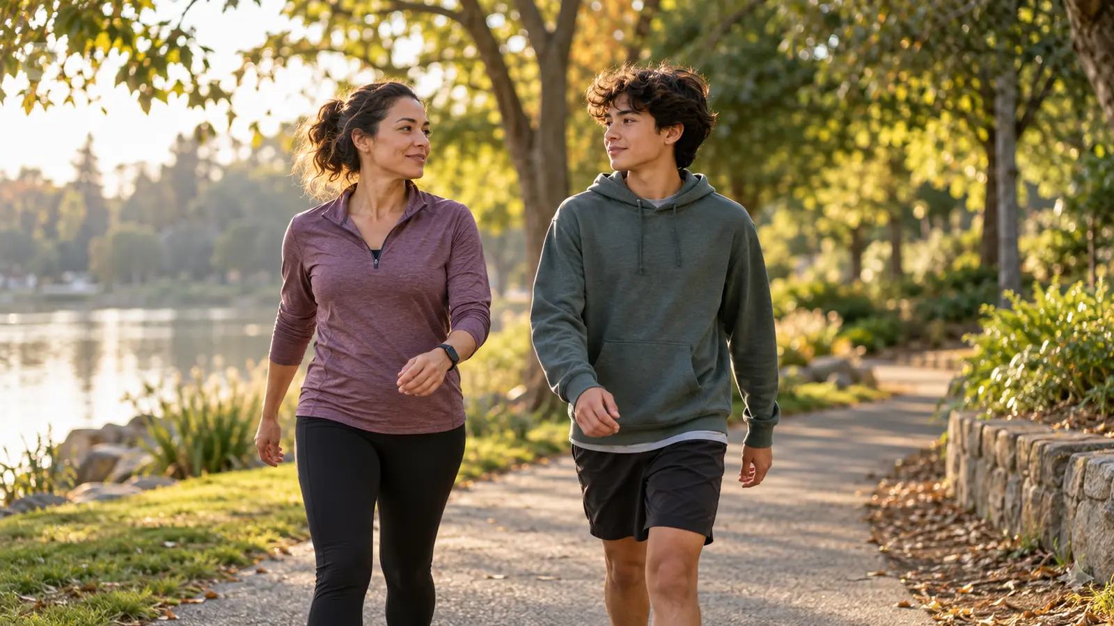 A parent and teenager take a brisk walk together on a sunlit park path as part of a realistic movement routine