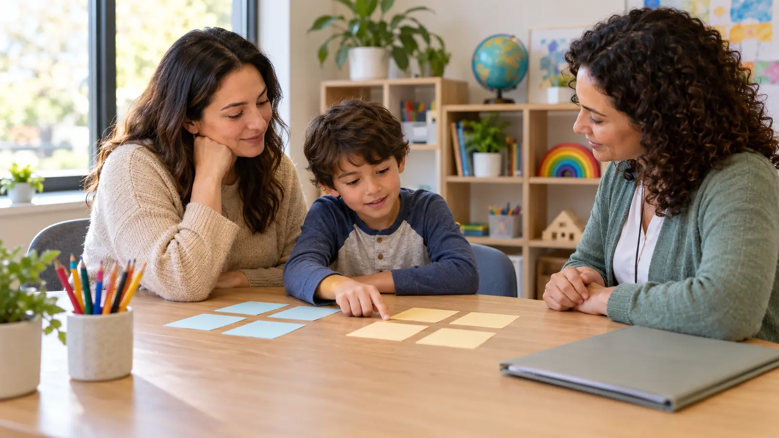 A child, parent, and clinician compare two sets of blank observation cards during a calm evaluation conversation