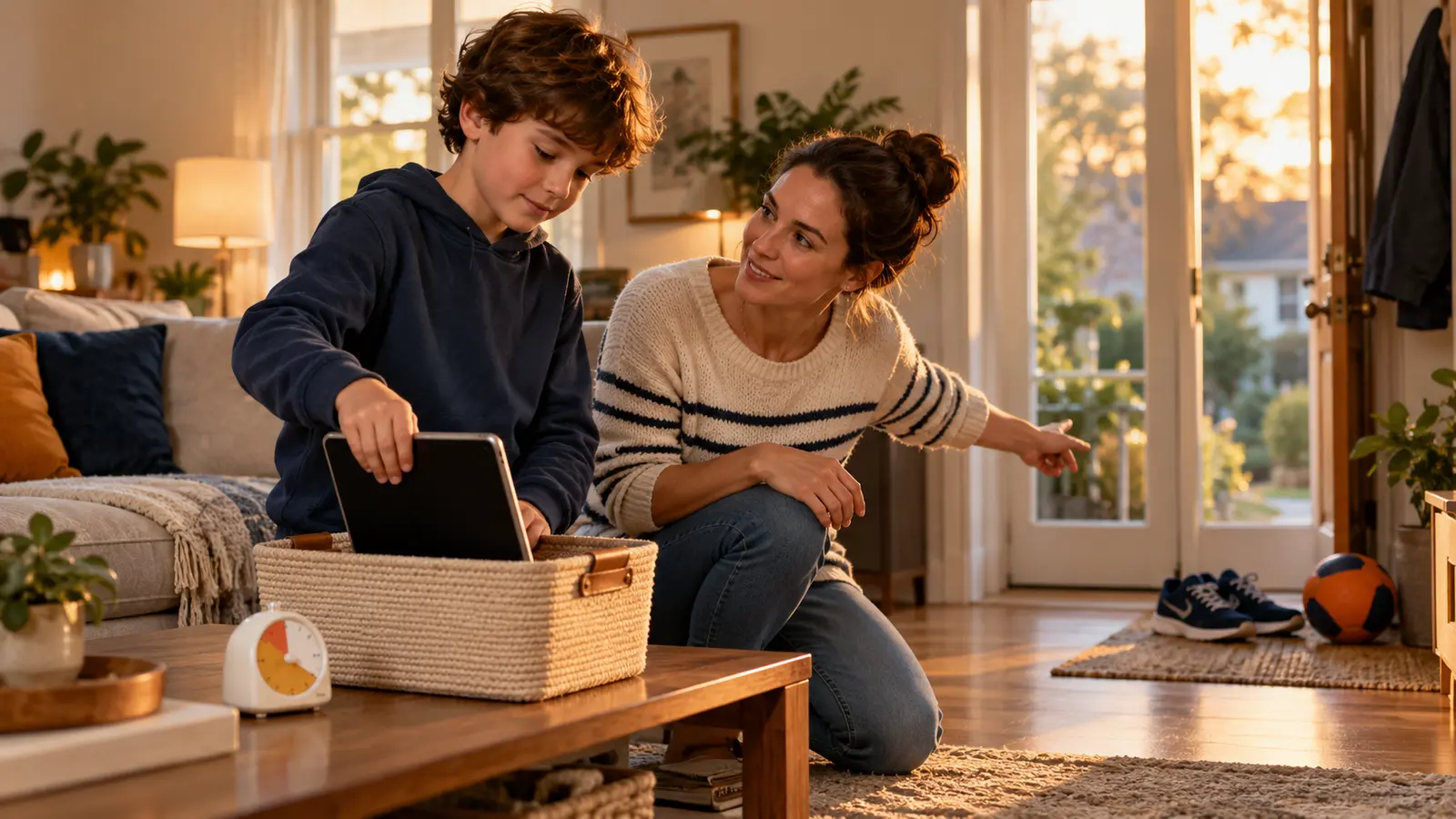 A child calmly places a tablet in a charging basket while a parent points toward shoes and a ball ready by the door