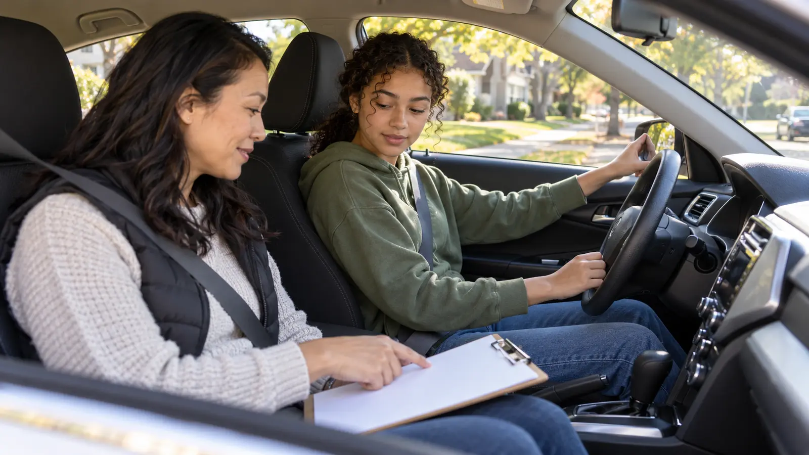 A teen learner driver and parent review a blank safety checklist together in a parked car before supervised practice