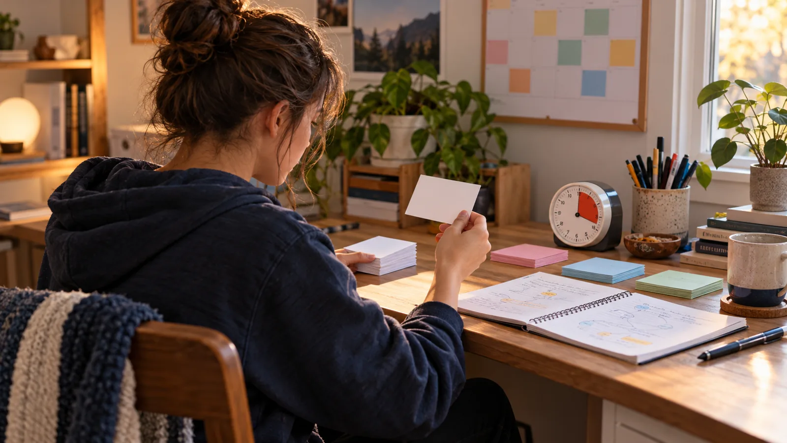 A student uses blank flashcards at a sunlit study desk with a timer, color-coded card stacks, and a visual planning calendar