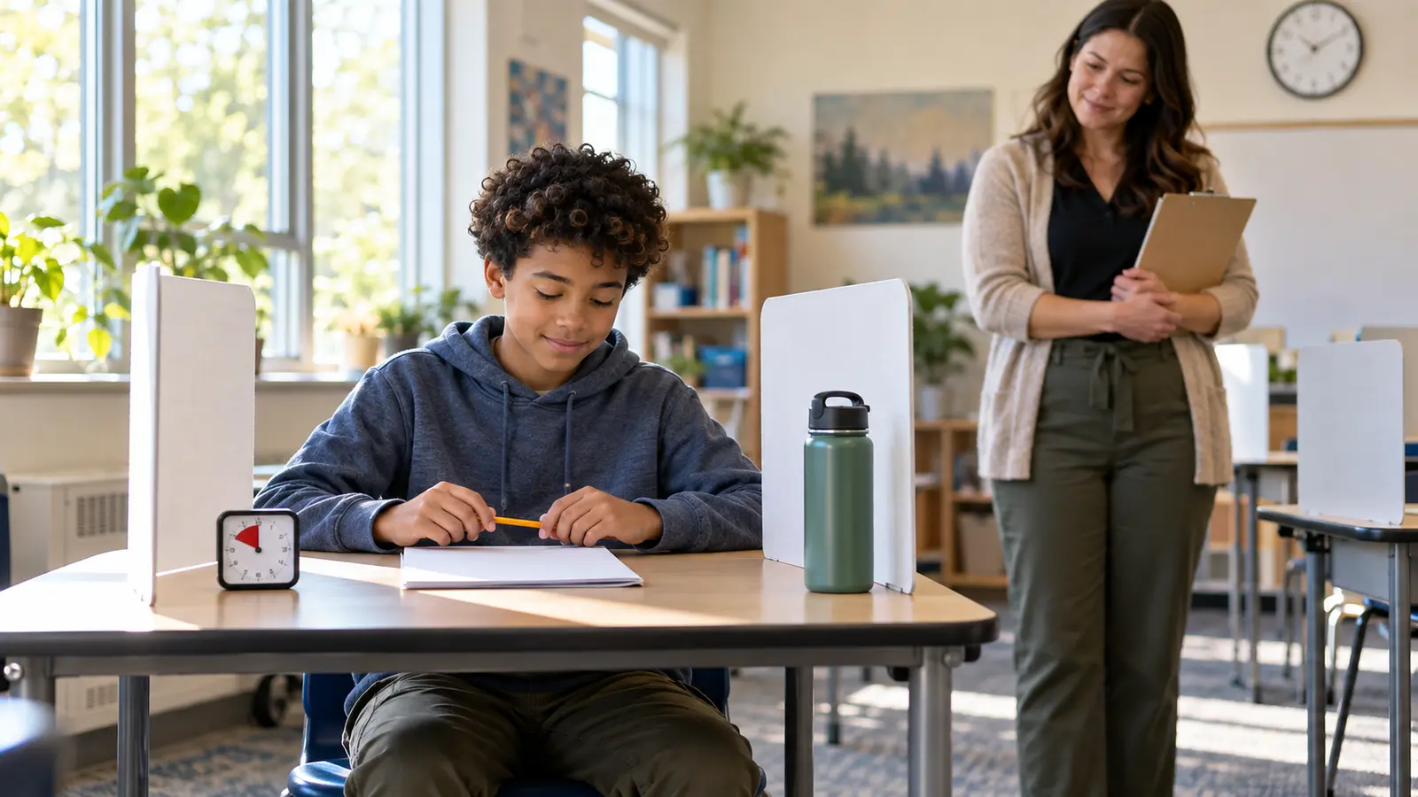 A middle-school student sits calmly at a prepared testing desk while a teacher checks the quiet classroom setup