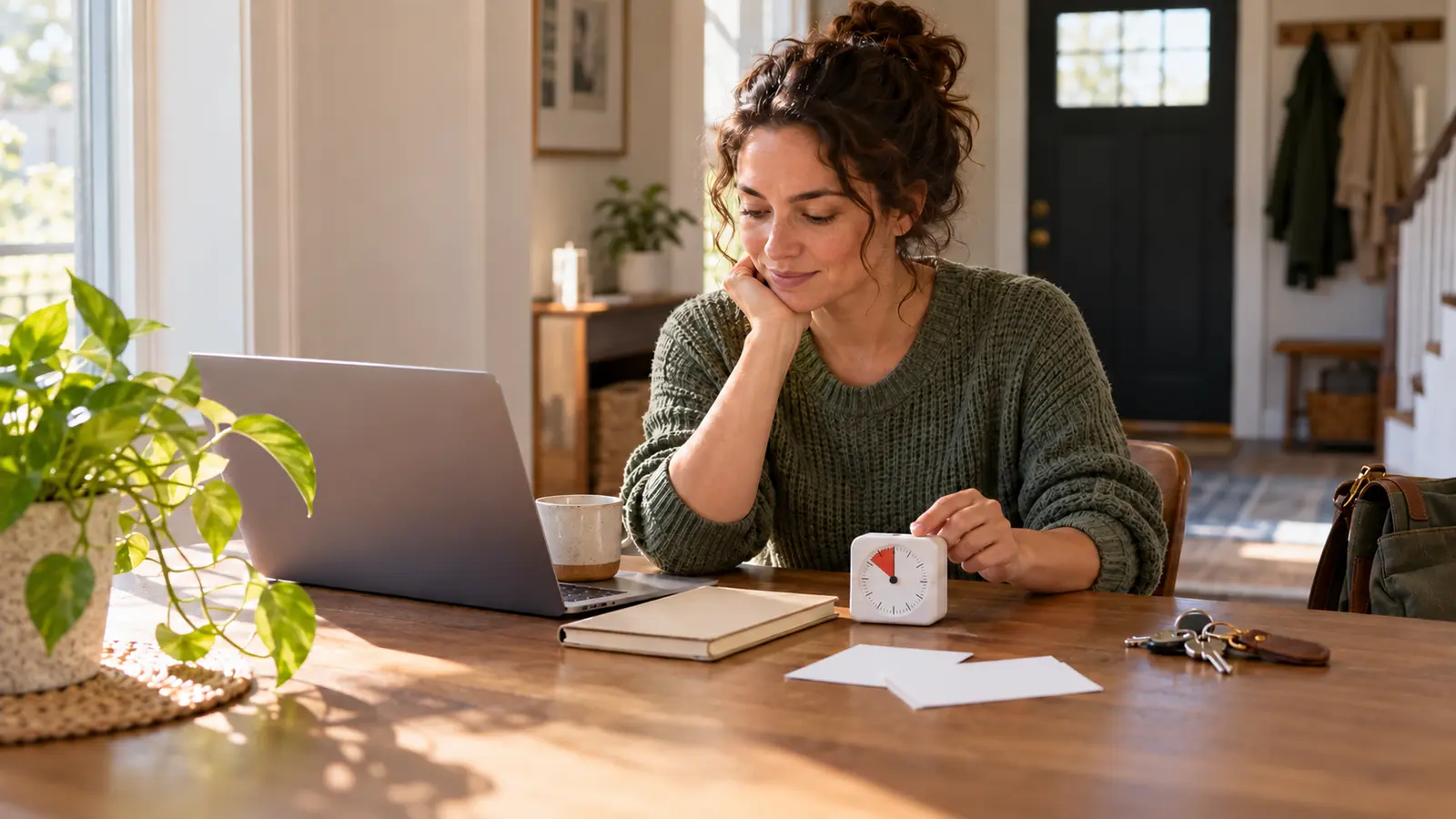 An adult checks a small analog timer beside blank task cards, keys, and a laptop at a calm home workspace
