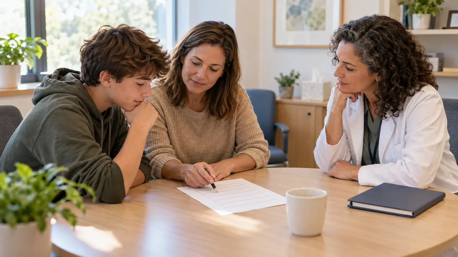 A teenager, parent, and clinician review a simple observation sheet during a calm follow-up conversation
