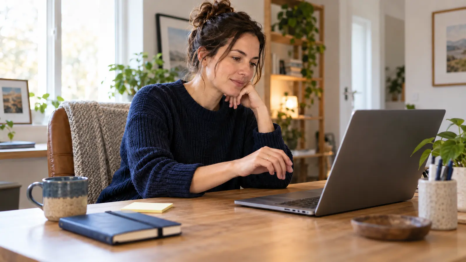 An adult professional calmly reviews email on a laptop at a tidy home-office desk with a notebook and blank sticky note nearby