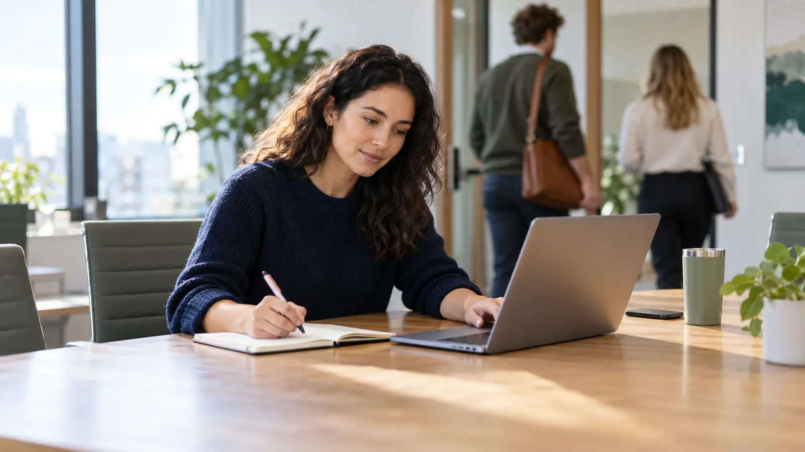 An adult professional transfers a meeting action item from a notebook into a laptop task list as colleagues leave