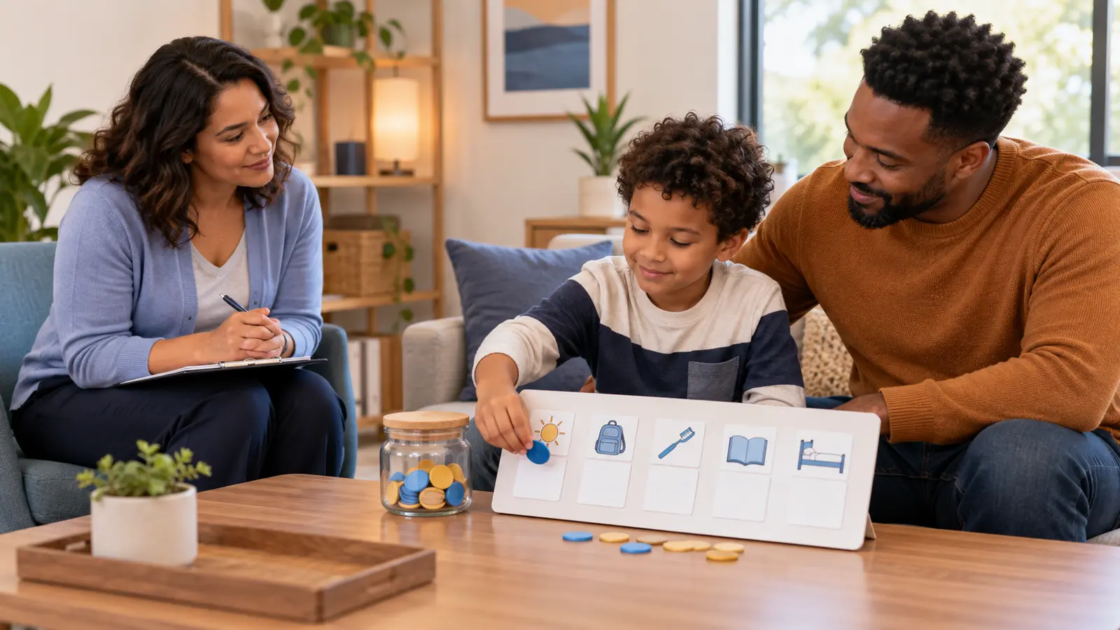 A parent and child practice a visual routine while a therapist coaches them in a warm family room