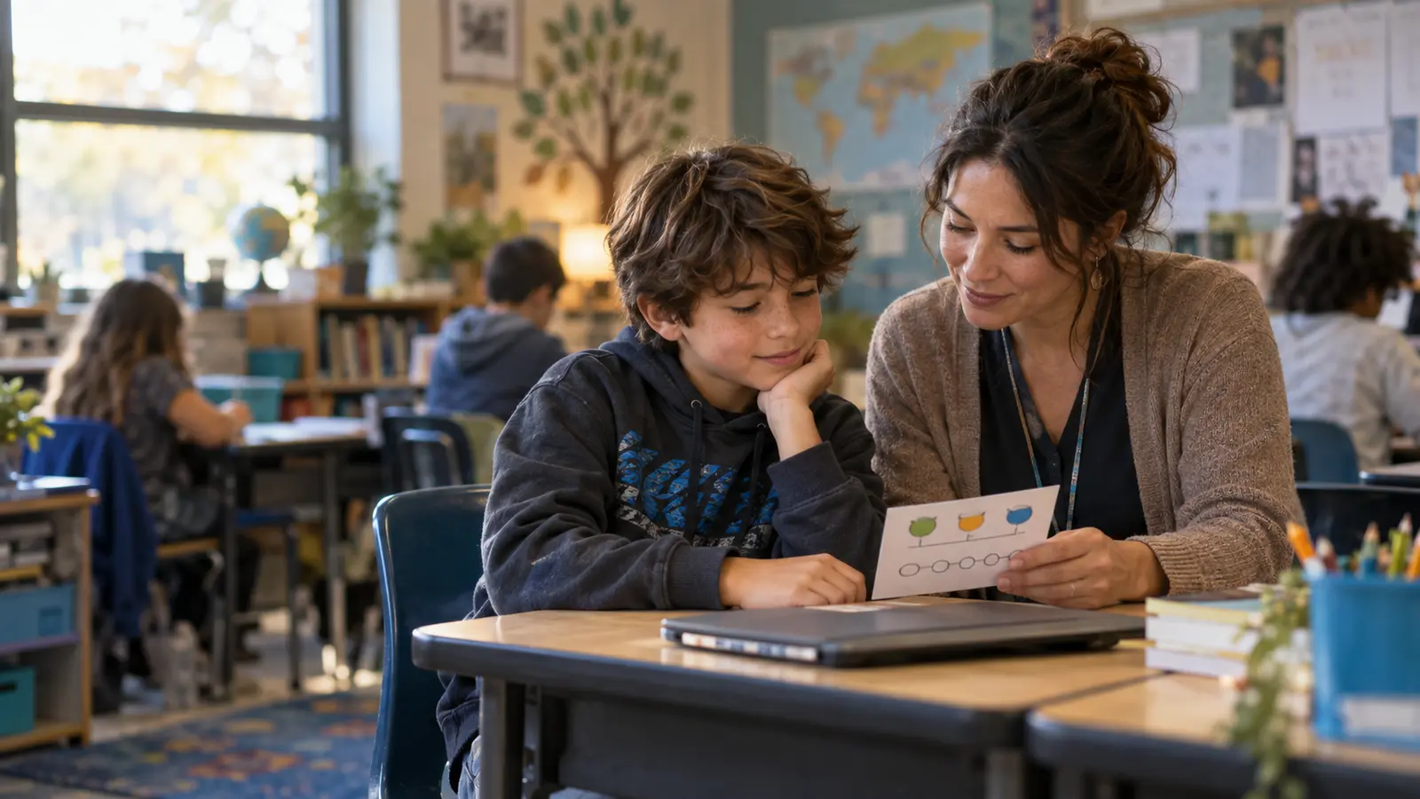 A teacher and elementary student review a simple progress card together during a calm classroom check-in