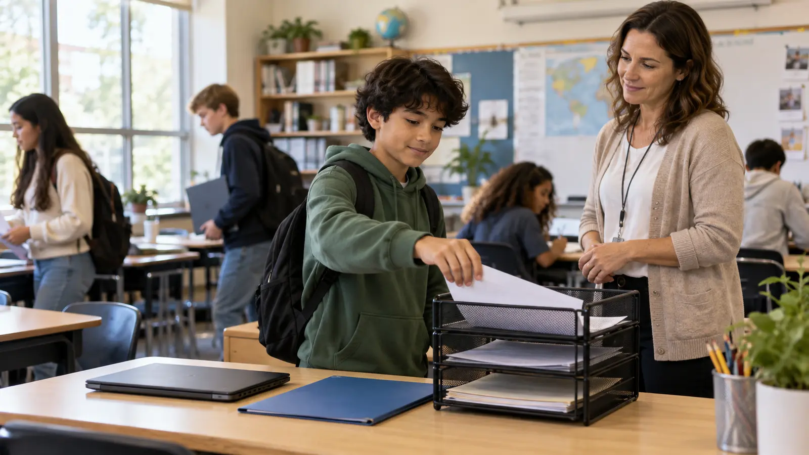 A middle school student places a completed assignment in a classroom turn-in tray while a teacher offers calm support