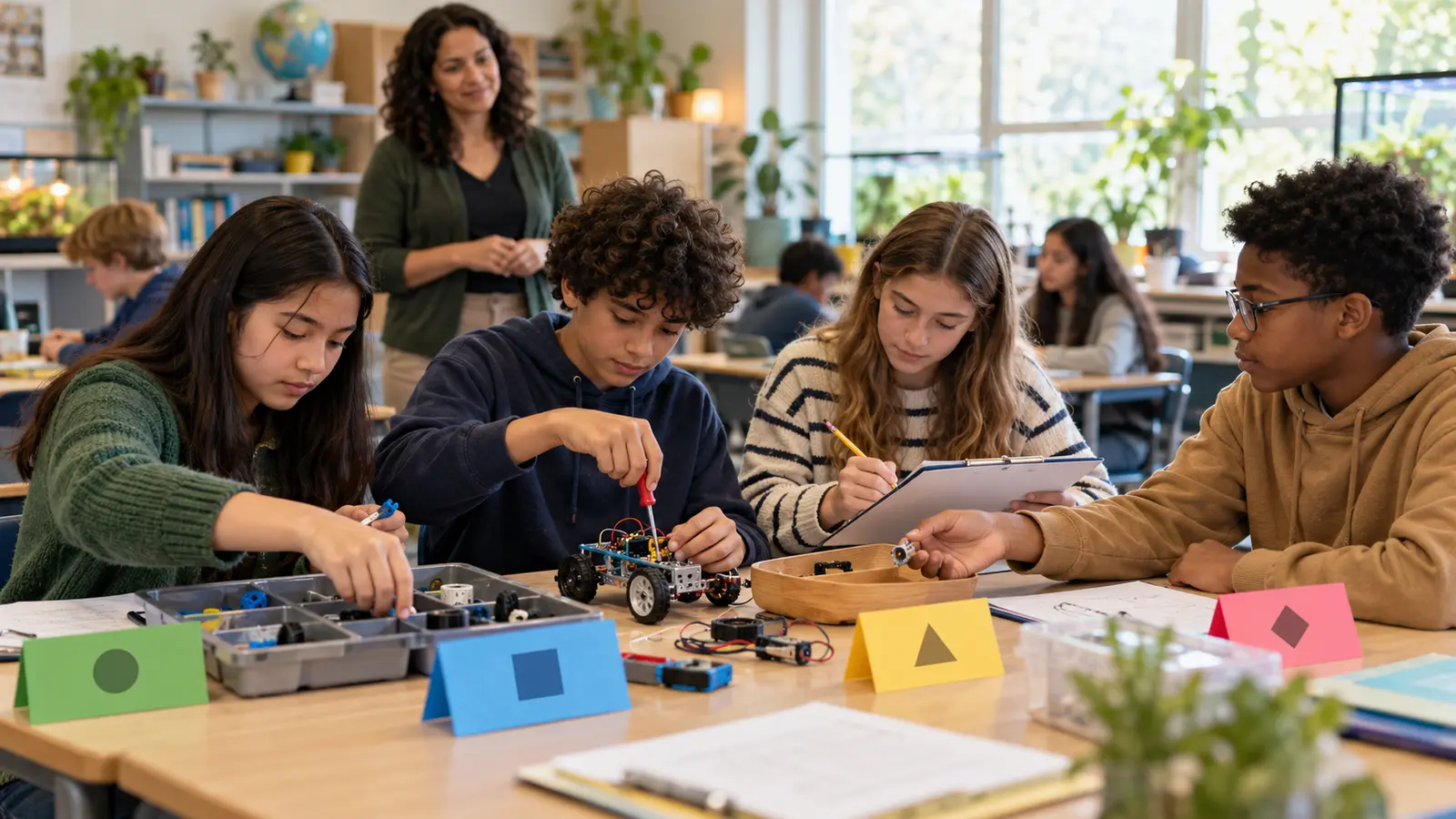 Four middle-school students use colored role cards while collaborating on a classroom science project