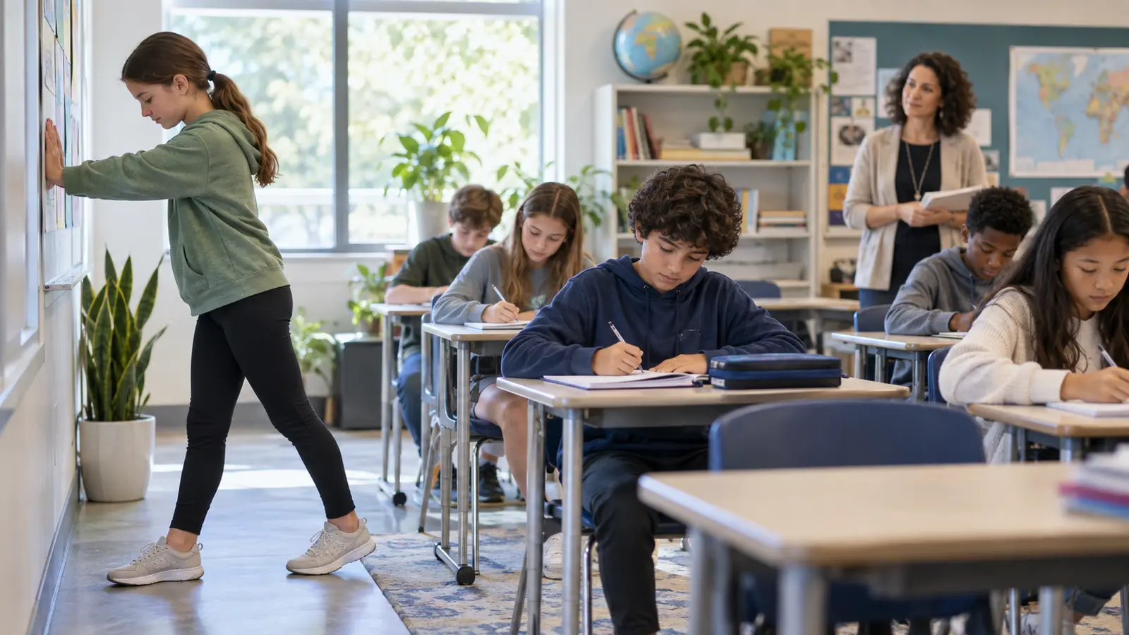A middle-school student takes a quiet wall-stretch break while classmates work and a teacher observes
